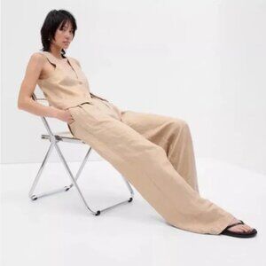 GAP Gold Linen-Cotton Pleated Wide leg Pants - Gold Metallic 00